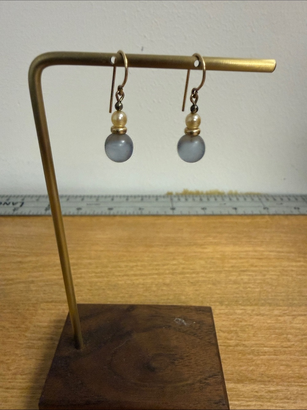 Blue sea glass bead with silver tone bead accent dainty small dangle earrings